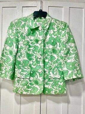 Ann Taylor LOFT Green Floral Blazer Jacket Size 4 Cropped 3/4 Sleeve Summer